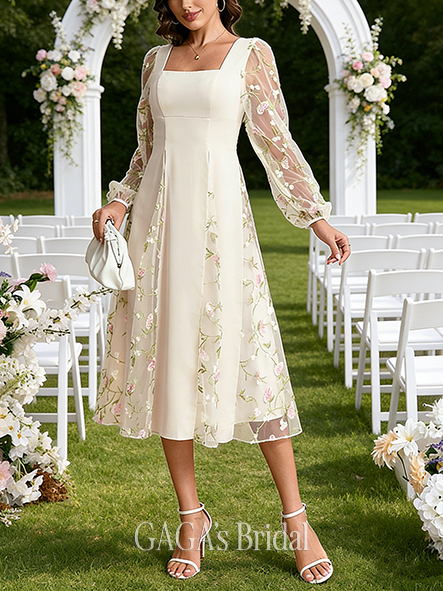 Square Neck A-Line Wedding Dress with Embroidered Accents