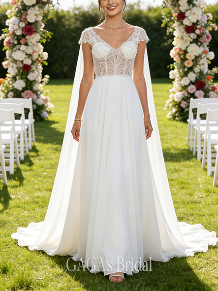 V-Neck A-Line Wedding Dress with Beading and Sequins