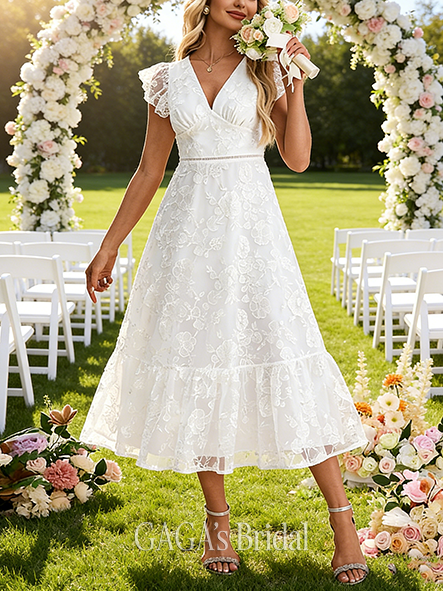 V-Neck A-Line Wedding Dress with Embroidery