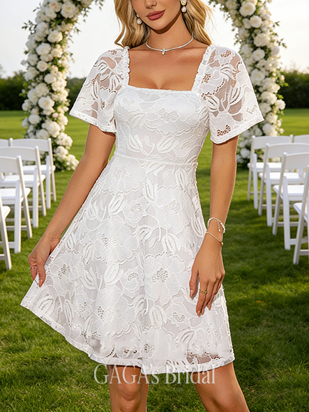 Square Neck A-Line Lace Wedding Dress