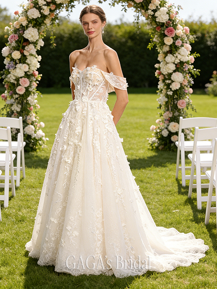 Sweetheart Off-the-Shoulder A-Line Tulle Lace Gown