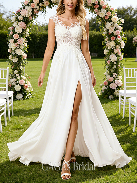 Illusion Scoop Neck A-Line Lace Chiffon Gown