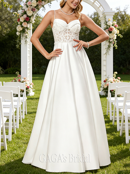 Sweetheart Neck A-Line Lace Satin Gown