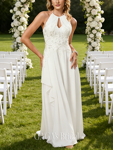 Halter Neck A-Line Lace Chiffon Gown
