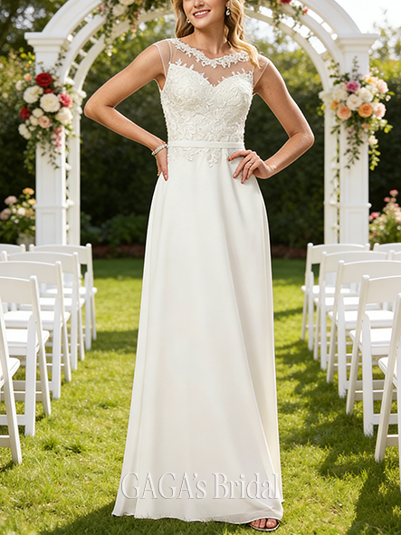 Boat Neck A-Line Lace Chiffon Gown