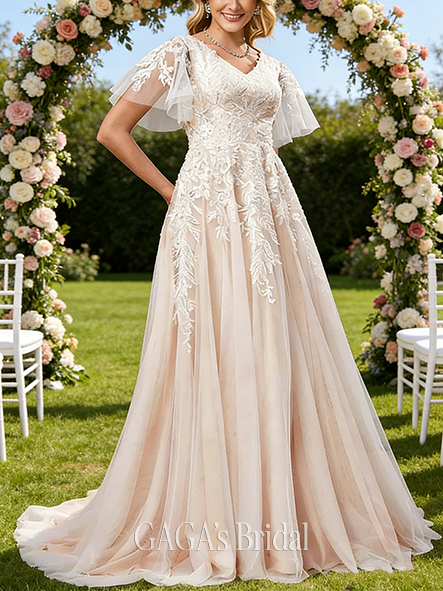 V-Neck A-Line Tulle Lace Wedding Dress
