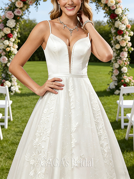 V-Neck A-Line Lace Tulle Gown