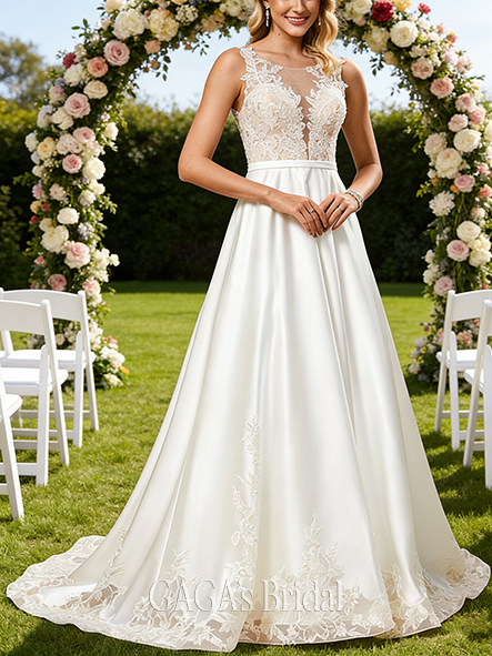 Scoop Illusion Neck A-Line Lace Satin Gown