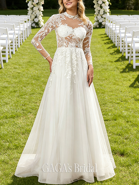 High Neck A-Line Lace Tulle Gown