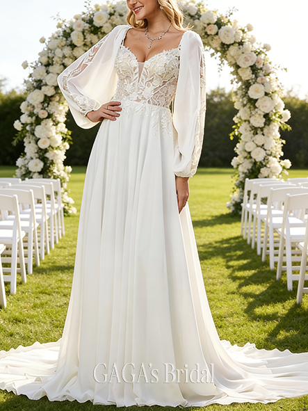 V-Neck A-Line Chiffon Lace Wedding Dress