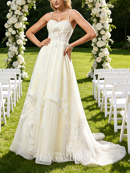 Square Neck A-Line Tulle Lace Wedding Dress