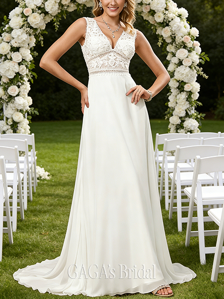 V-Neck A-Line Lace Chiffon Wedding Dress