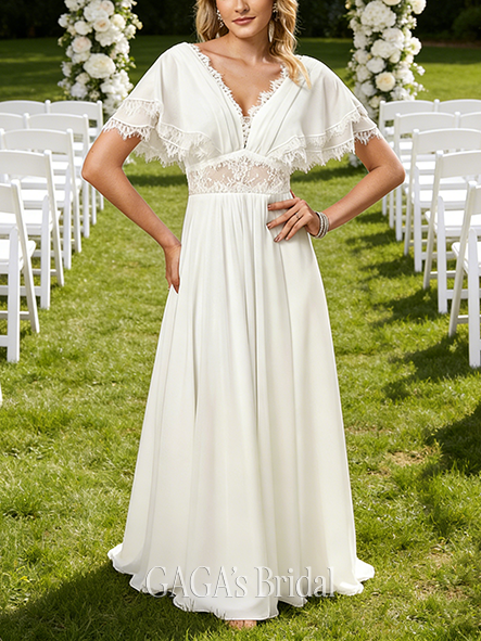 V-Neck A-Line Lace Chiffon Wedding Dress