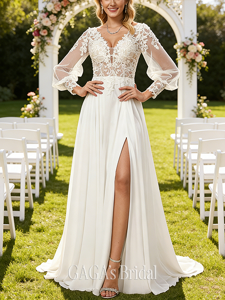 V-Neck A-Line Lace Chiffon Wedding Dress