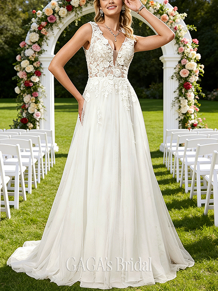 V-Neck A-Line Lace Tulle Wedding Dress