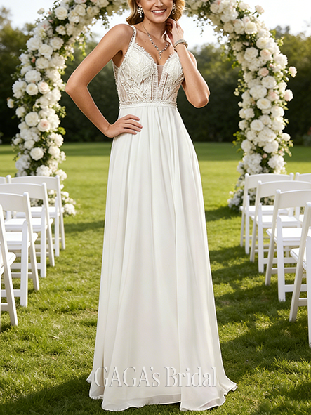 V-Neck A-Line Lace Chiffon Gown