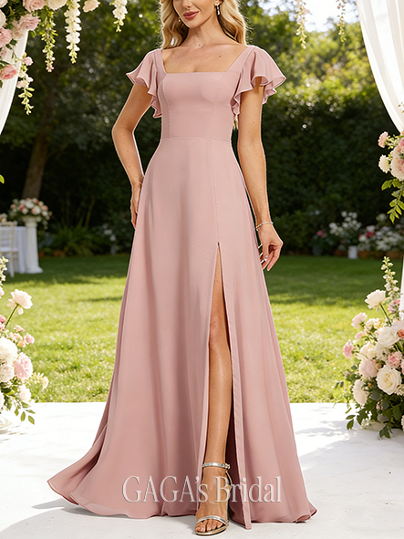 A-line Basic Square Floor-Length Chiffon Bridesmaid Dress With Ruffle
