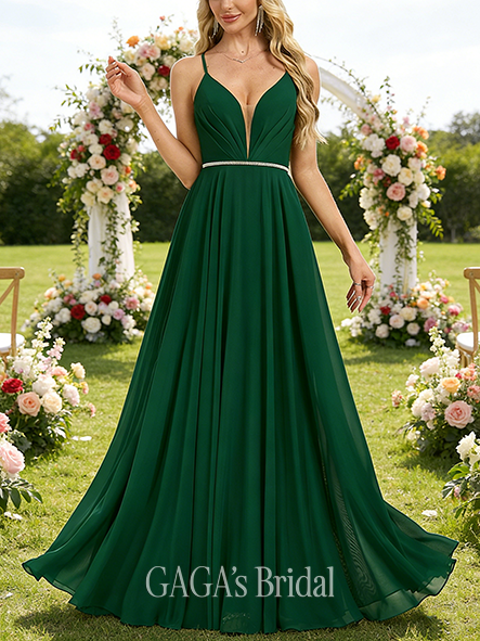 A-line Stunning V-Neck Floor-Length Chiffon Bridesmaid Dress With Beading