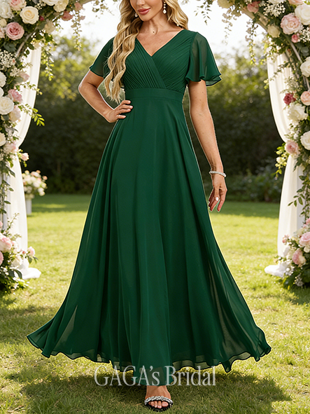 New Arrival A-line Neat V-Neck Floor-Length Chiffon Bridesmaid Dress With Pleated