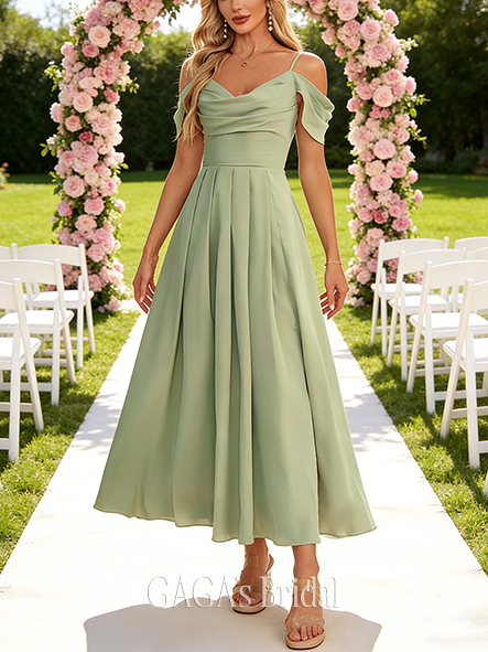 New Arrival A-line Streamlined V-Neck Ankle-Length Charmeuse Bridesmaid Dress With Pleated