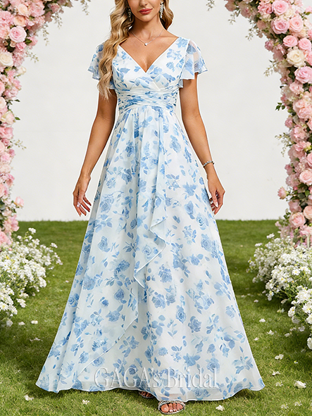 New Arrival A-line Fantasy V-Neck Floor-Length Chiffon Bridesmaid Dress With Ruffle