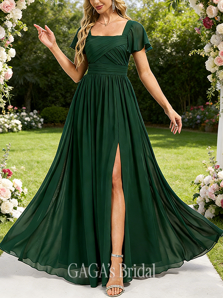 A-line Celestial Square Floor-Length Chiffon Bridesmaid Dress With Ruffle