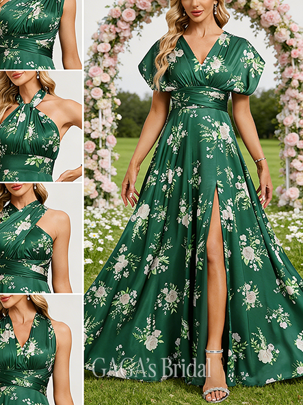 New Arrival A-line Special One Shoulder V-Neck Halter Floor-Length Matte Satin Bridesmaid Dress