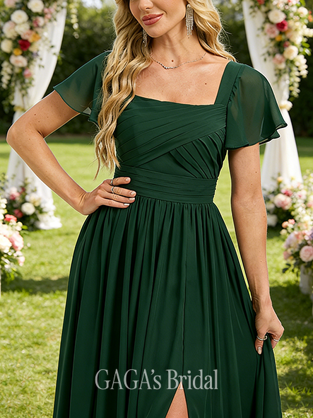A-line Celestial Square Floor-Length Chiffon Bridesmaid Dress With Ruffle