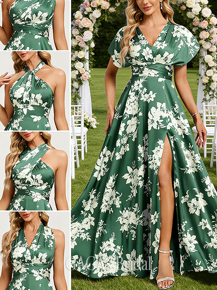 New Arrival A-line Elegant One Shoulder V-Neck Halter Floor-Length Matte Satin Bridesmaid Dress