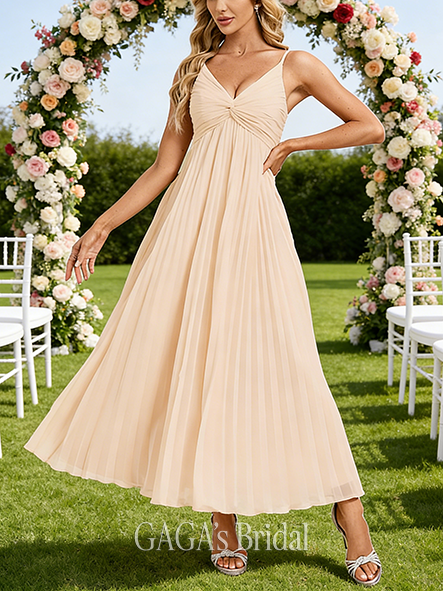 Plus Size A-line Tight V-Neck Ankle-Length Chiffon Bridesmaid Dress With Pleated