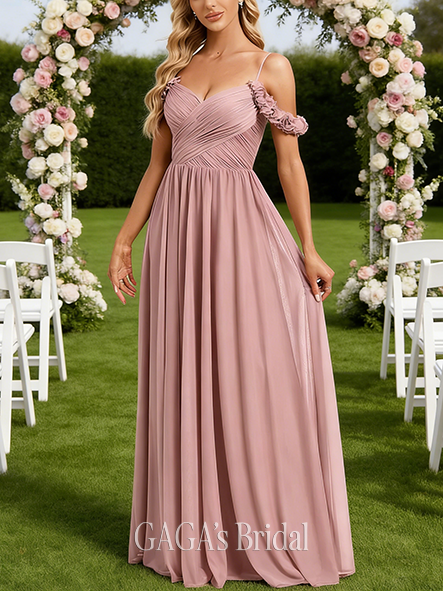 New Arrival A-line Dainty Cold Shoulder Floor-Length Mesh Bridesmaid Dress With 3D Floral