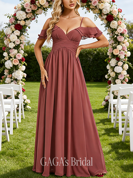 Under $100 A-line Detailed Cold Shoulder Floor-Length Chiffon Bridesmaid Dress With Cascading Ruffles Pleated