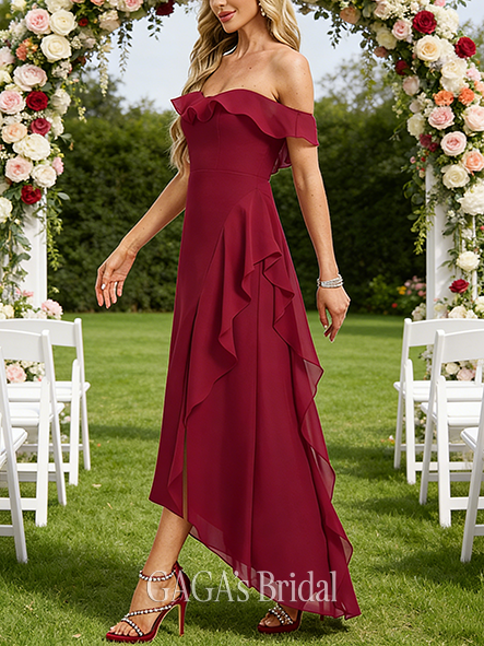 Under $100 A-line Striking Off the Shoulder Asymmetrical Chiffon Bridesmaid Dress With Cascading Ruffles