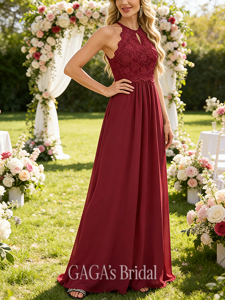 Maternity Friendly A-line Fantasy Scoop Floor-Length Lace Chiffon Bridesmaid Dress