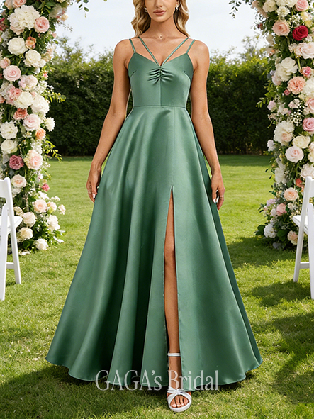 Under $100 A-line Rich V-Neck Floor-Length Satin Bridesmaid Dress