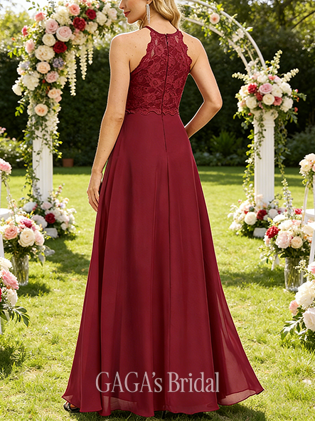 A-line Fantasy Scoop Floor-Length Lace Chiffon Bridesmaid Dress