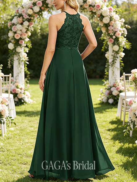A-line Fantasy Scoop Floor-Length Lace Chiffon Bridesmaid Dress