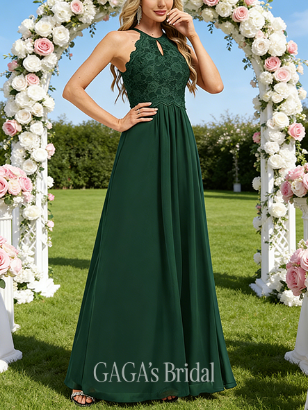 A-line Fantasy Scoop Floor-Length Lace Chiffon Bridesmaid Dress