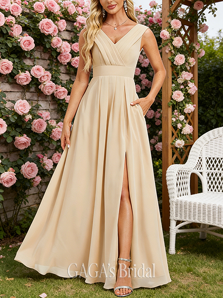 Maternity Friendly A-line Elegant V-Neck Floor-Length Chiffon Bridesmaid Dress