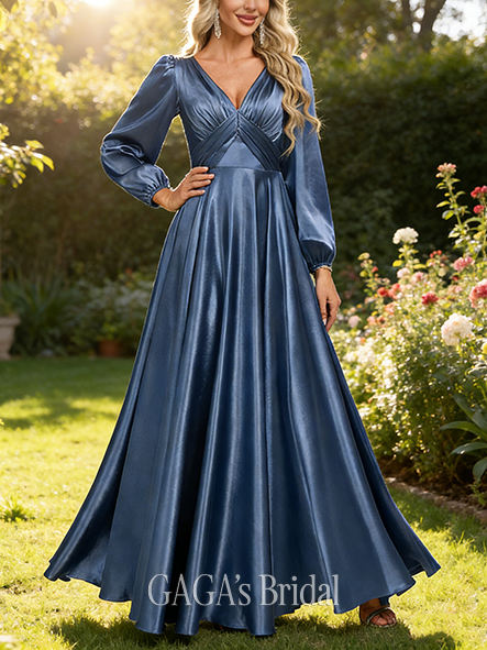 Junior A-line Wealthy V-Neck Floor-Length Stretch Satin Bridesmaid Dress