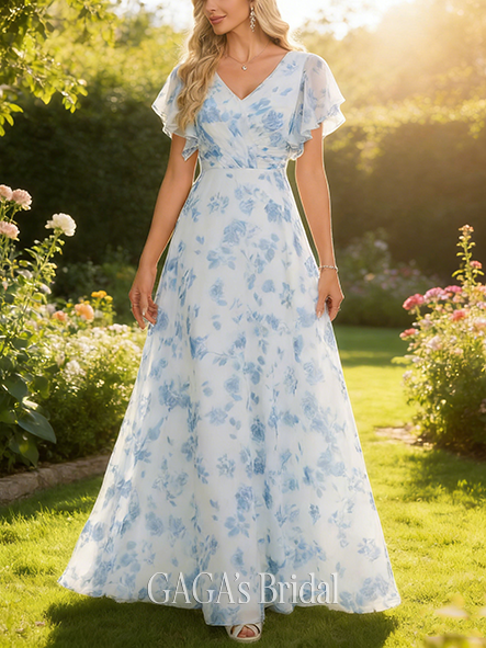 Maternity Friendly A-line Fantasy V-Neck Floor-Length Chiffon Bridesmaid Dress With Ruffle