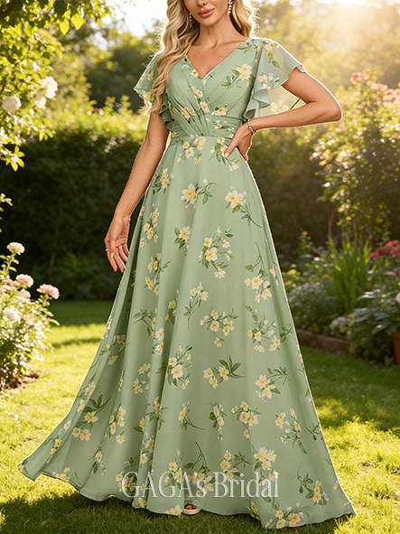 Maternity Friendly A-line Celestial V-Neck Floor-Length Chiffon Bridesmaid Dress With Ruffle