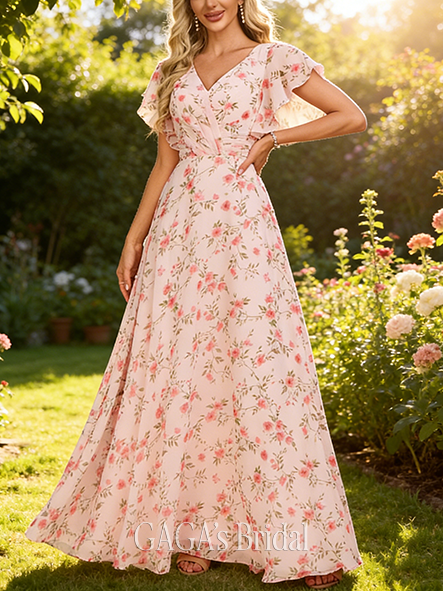 Maternity Friendly A-line Elegant V-Neck Floor-Length Chiffon Bridesmaid Dress With Ruffle