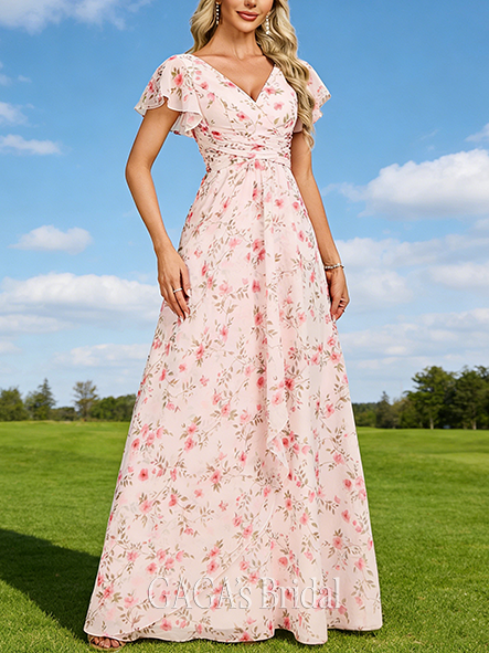 A-line Celestial V-Neck Floor-Length Chiffon Bridesmaid Dress With Ruffle