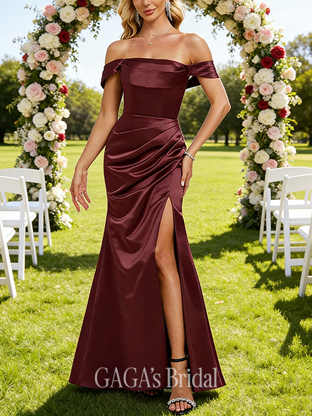Maternity Friendly A-line Majestic Off the Shoulder Floor-Length Satin Bridesmaid Dress With Ruffle