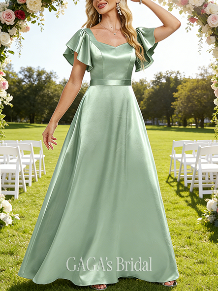 A-line Cozy V-Neck Floor-Length Stretch Satin Bridesmaid Dress With Ruffle