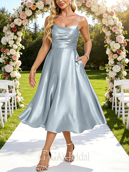 Plus Size A-line Lovely V-Neck Tea-Length Stretch Satin Bridesmaid Dress