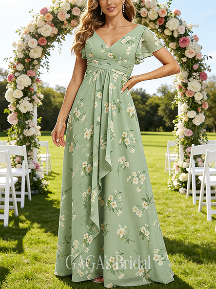 Plus Size A-line Fantasy V-Neck Floor-Length Chiffon Bridesmaid Dress With Ruffle