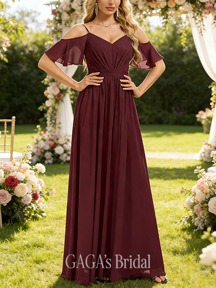 Maternity Friendly A-line Bewitching V-Neck Floor-Length Chiffon Bridesmaid Dress With Ruffle