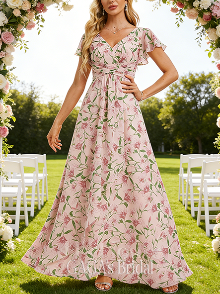 A-line Amorous V-Neck Floor-Length Chiffon Bridesmaid Dress With Ruffle